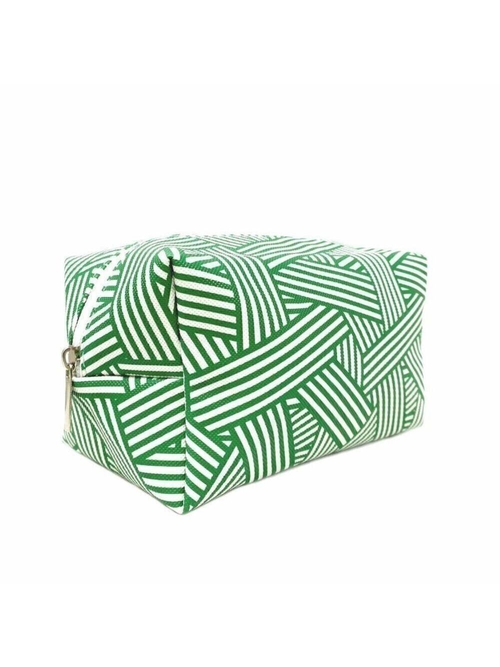 Green & white striped geometric cosmetic bag. travel  toiletries bag  New 6x4x4"